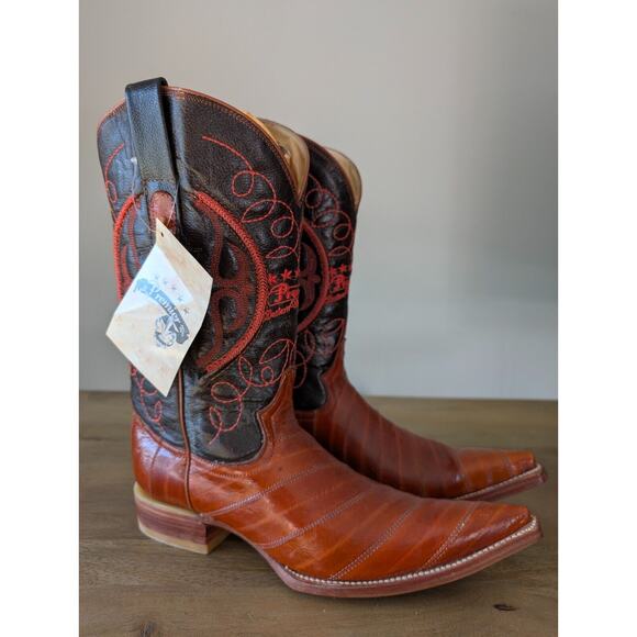Premier Cowboy Boots Mens Size 8 Brown Leather Embroidered Pointed Toe Pull On - Picture 1 of 4
